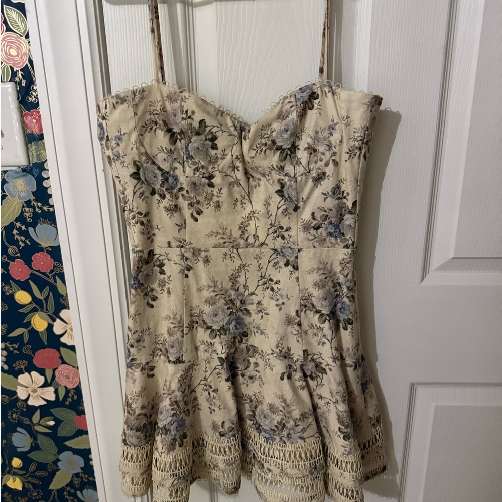 V. Chapman Cream Floral Mini Dress with Blue and Brown Accents